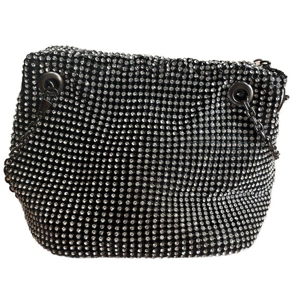 Le Regale Bag Evening Purse‎ Long Shoulder Strap Crystal Rhinestone Mesh Black - Picture 4 of 8